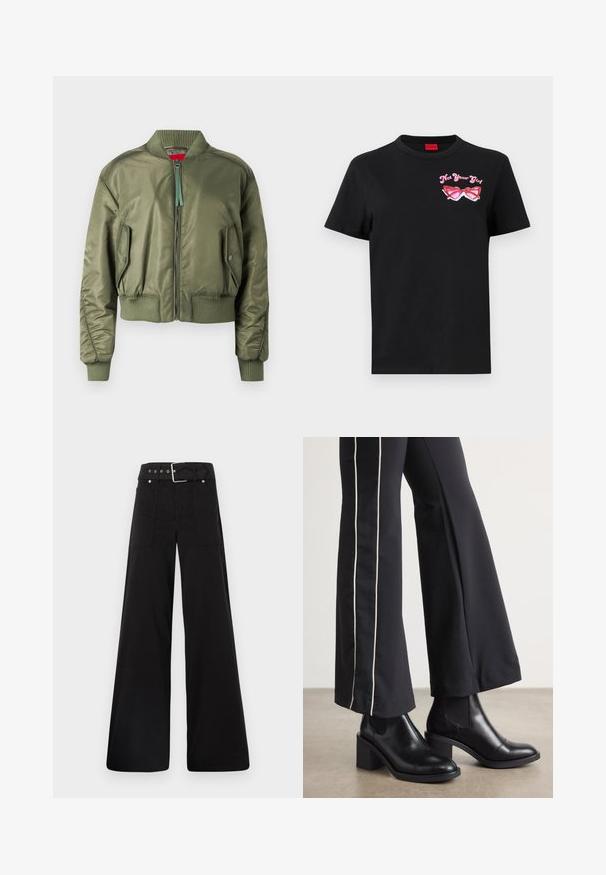 Bomberka w kolorze oliwkowym z zamkiem z przodu, ściągaczami przy mankietach i u dołu, oraz ukośnymi kieszeniami bocznymi zapinanymi na zatrzask. Gładka, błyszcząca faktura.; Czarna bawełniana koszulka z krótkim rękawem, z różowym graficznym wzorem okularów przeciwsłonecznych i napisem "Nie Twoja Dziewczyna" po lewej stronie klatki piersiowej.; Czarne spodnie o szerokich nogawkach wykonane z bawełny, z wysokim stanem, dużymi bocznymi kieszeniami i paskiem w talii z akcentami w kolorze srebrnym.; Czarne skórzane botki za kostkę na słupku, z elastycznymi panelami po bokach. Połączone z czarnymi spodniami z białym paskiem po boku.