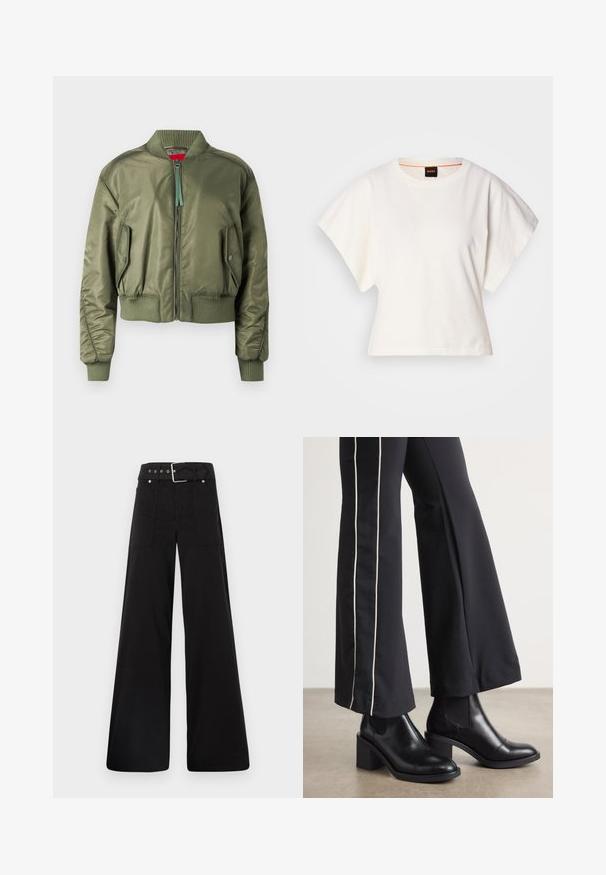 Giacca bomber verde oliva con chiusura a zip frontale, polsini e orlo a coste, e tasche laterali inclinate con chiusura a scatto. Texture liscia e lucida.; T-shirt bianca cropped, maniche corte e larghe, tessuto di cotone morbido, scollatura rotonda con bordino arancione sottile, design minimale, senza motivi o grafiche.; Pantaloni neri a gamba larga realizzati in cotone, con vita alta, ampie tasche laterali e vita con cintura arricchita da dettagli in metallo argentato.; Stivaletti in pelle nera con tacco a blocco, dotati di pannelli elastici sui lati. Abbinati a pantaloni neri con una striscia bianca laterale.