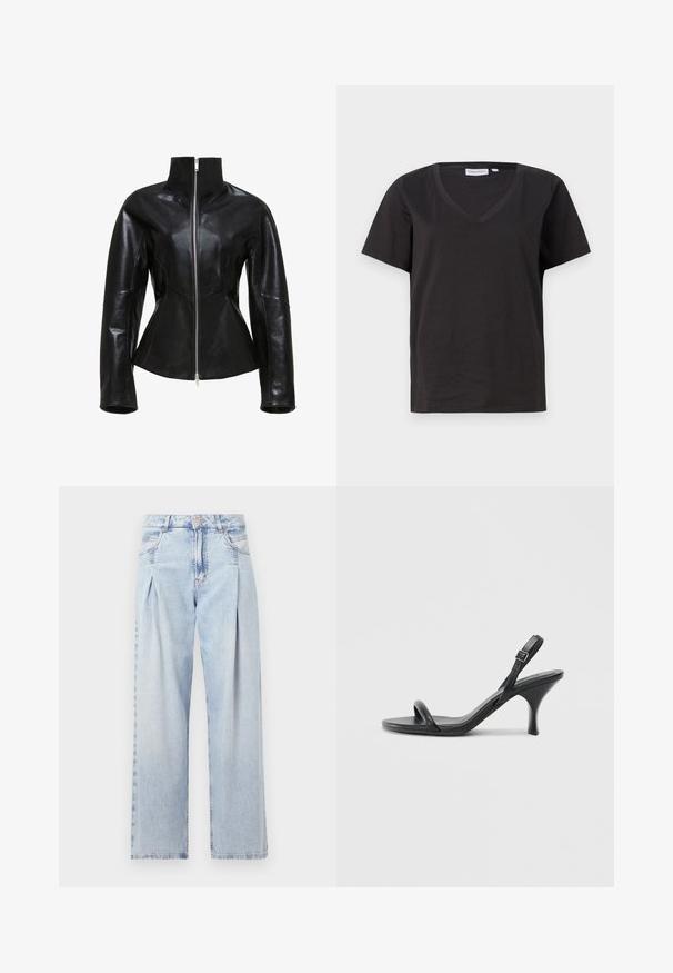 Černá kožená bunda s vysokým límcem, zipovým zapínáním a přiléhavým střihem. Obsahuje elegantní švy a hladkou, lesklou texturu.; Černé bavlněné tričko s výstřihem do V a krátkým rukávem. Jednoduchý design s klasickým střihem bez vzorů nebo akcentů.; Světlé modré džíny z denimu s vysokým pasem, širokým střihem, dvěma bočními kapsami a nařaseným designem. Měkká textura s vybledlým povrchem.; Černé kožené sandály na vysokém podpatku s úzkým, zakřiveným podpatkem a designem s překříženými popruhy. Nastavitelný pásek kolem kotníku. Hladký povrch.