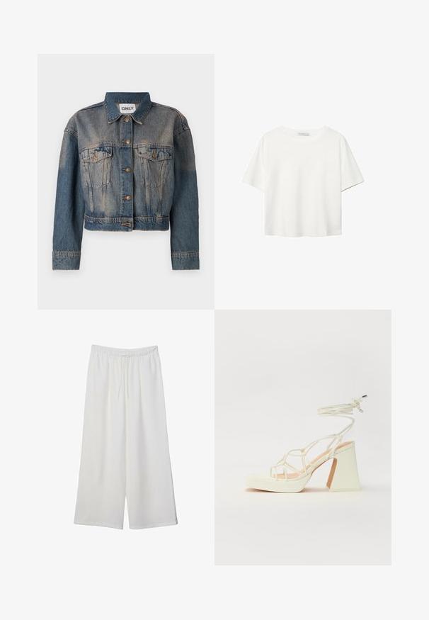 Sininen farkkutakki, jossa on lyhyt malli, kahdella rintataskulla, metallinapeilla ja klassisella kauluksella. Haalistunut pinta kauttaaltaan.; Valkoinen lyhythihainen T-paita, joka on tehty puuvillasta. Siinä on pyöreä kaula-aukko ja rento malli. Silkkinen pinta ilman näkyviä kuvioita tai koristeita.; Valkoiset leveälahkeiset housut, jotka on valmistettu kevyestä kankaasta. Niissä on joustava vyötärö ja nauha säädettävää istuvuutta varten. Sileä pinta.; Valkoinen korkokenkä, jossa on paksu korko, ja joka sisältää nauhakiinnityksen ja nilkkaketjun. Sujuva pinta, jossa on platform-etupohja lisäkorkeutta varten.