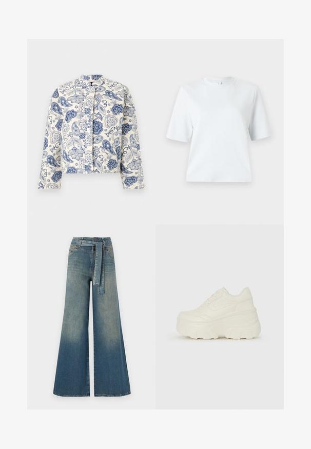 Cropped jacket in cream with blue paisley and floral patterns. Features a collar and buttonless front. Long sleeves with patterned cuffs.; Light blue short-sleeve t-shirt made of soft cotton. Features a classic round neckline and a relaxed fit, with no patterns or accents.; Wide-leg denim trousers featuring a light to dark blue gradient, high waist, belt loops, and a matching fabric belt. Textured denim finish.; White platform sneakers featuring a smooth leather-like upper, rounded shape, padded collar, and textured rubber sole with defined treads.