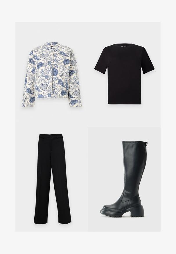 Cropped jacket in cream with blue paisley and floral patterns. Features a collar and buttonless front. Long sleeves with patterned cuffs.; Black short-sleeve t-shirt with a round neckline, crafted from soft cotton fabric. Simple design, no visible logos or patterns.; Black wide-leg trousers made of smooth fabric, featuring a classic waistband with a button closure and front pleats.; Tall black leather boot with chunky platform sole and block heel, featuring pull tab and textured tread on outsole.