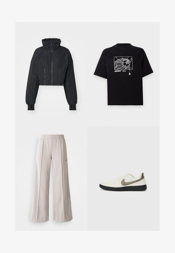Nike Sportswear REPEL ZIP - Blusão aviador - black; T-shirt preta feita de algodão com mangas curtas. Apresenta uma gravação de teia de aranha branca e um logótipo na parte da frente. Possui um decote simples em forma redonda.; Calças largas de tom cinza claro feitas de tecido suave. Apresentam uma cintura elástica e o logo da Nike em preto no lado esquerdo.; Nike Sportswear FIELD GENERAL - Sapatilhas - off-white/black
