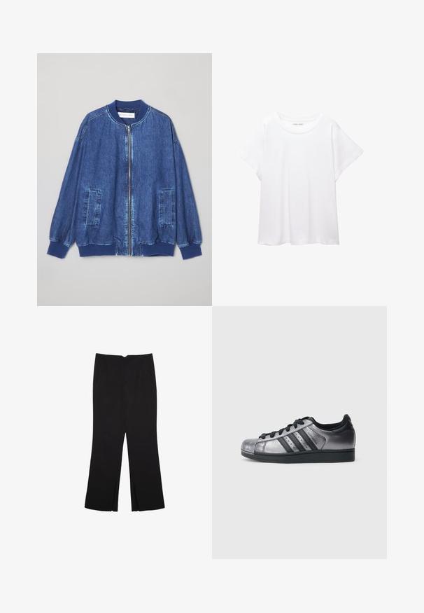 Denim bomber jakna u tamnoplavoj boji s prednim patentnim zatvaračem, rebrastim manžetama, dva bočna džepa i glatkom teksturom s kontrastnim šavovima.; Bijela majica od mekane, lagane tkanine. Ima okrugli izrez i kratke, široke rukave s ležernim krojem. Bez vidljivih uzoraka.; Crne hlače ravnog kroja, s prednjim džepovima i bočnim prorezima na rubu. Izrađene od mekog i glatkog materijala. Pogodne za razne prigode.; Crne i metalik srebrne tenisice s zaobljenim vrhom, tri crne pruge i teksturiranim gornjim dijelom. Crne vezice i gumeni potplat.