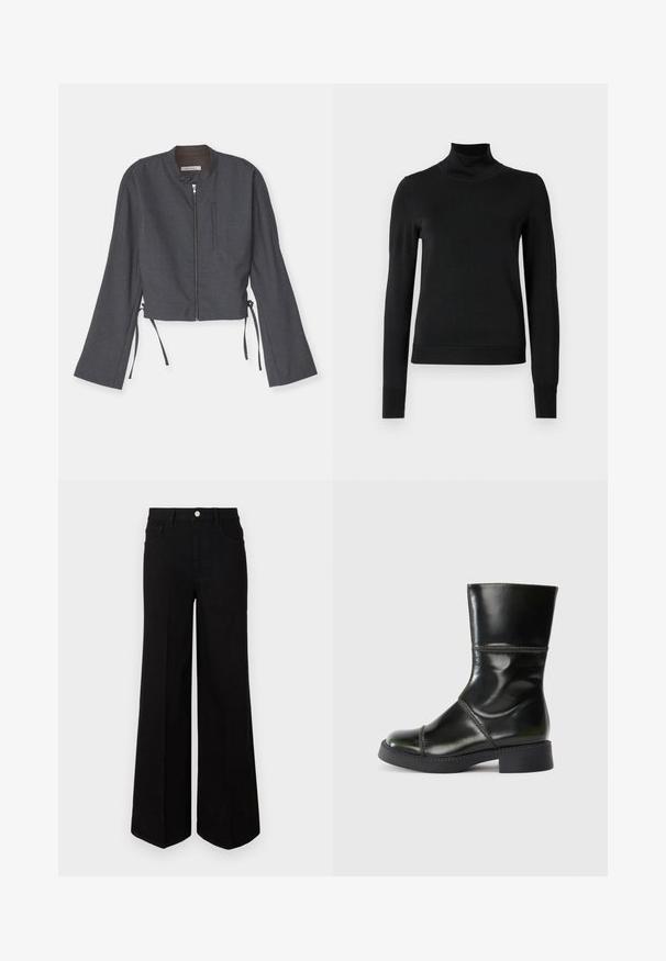 Giacca grigia cropped con colletto alto, zip frontale e maniche lunghe a campana. Presenta lacci laterali e un tessuto lucido e strutturato.; Pullover nero a maniche lunghe con collo alto, rifinito con polsini e orlo a coste, mostrato su uno sfondo bianco semplice.; Jeans neri a gamba larga realizzati in tessuto resistente, con vita alta, tasche frontali e chiusura con bottone anteriore. Orlo piatto sul fondo.; Stivaletto in vera pelle nera con punta tonda, finitura liscia, cuciture a contrasto e tacco a blocco, caratterizzato da una silhouette leggermente affusolata.