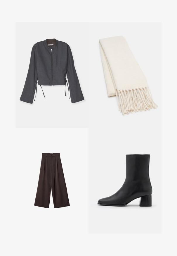 Grijze cropped jas met een hoge kraag, een rits aan de voorkant en lange belmouwen. Heeft zijstrikjes en een luxueuze textuurstof.; Witte geribbelde tanktop met een ronde hals en brede armsgaten. Heeft een soepele textuur en een rechte zoom. Etiket zegt "IVY OAK."; Zwarte wijde broek met hoge taille, voorzien van plooien aan de voorkant en een knoopsluiting in de taille, gemaakt van een gladde stof.; Zwarte leren enkelboot met een spitse neus en een chunky vierkante hak. Glad oppervlak met een naadloos ontwerp en minimalistische stiksels.; Witte sjaal met een gestructureerd patroon, voorzien van franjes aan de uiteinden. Het materiaal lijkt zacht en lichtgewicht, netjes gevouwen voor tentoonstelling.; Zwarte tote bag van getextureerd materiaal, met twee lange handvatten en een eenvoudig, minimalistisch ontwerp zonder zichtbare hardware.