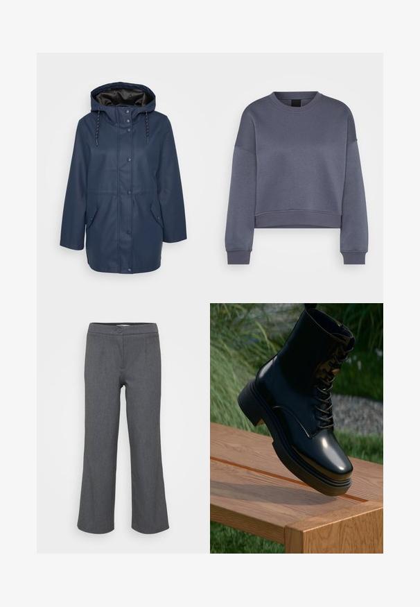 Marineblauwe hooded regenjack met drukknoopsluiting, verstelbare trekkoorden en twee frontflapzakken.; Donkergrijze langmouw cropped sweatshirt met ronde hals, voorzien van ribboord aan de mouwen en onderkant, weergegeven op een witte achtergrond.; Grijze, op maat gemaakte broek met een vlakke tailleband, een enkele knoopsluiting en een wijde pijp. Soepele textuur met een subtiel geweven patroon.; Zwarte lakleren enkelboot met een ronde neus, vetersluiting aan de voorkant en een chunky zool, met een gladde textuur en glanzende afwerking.