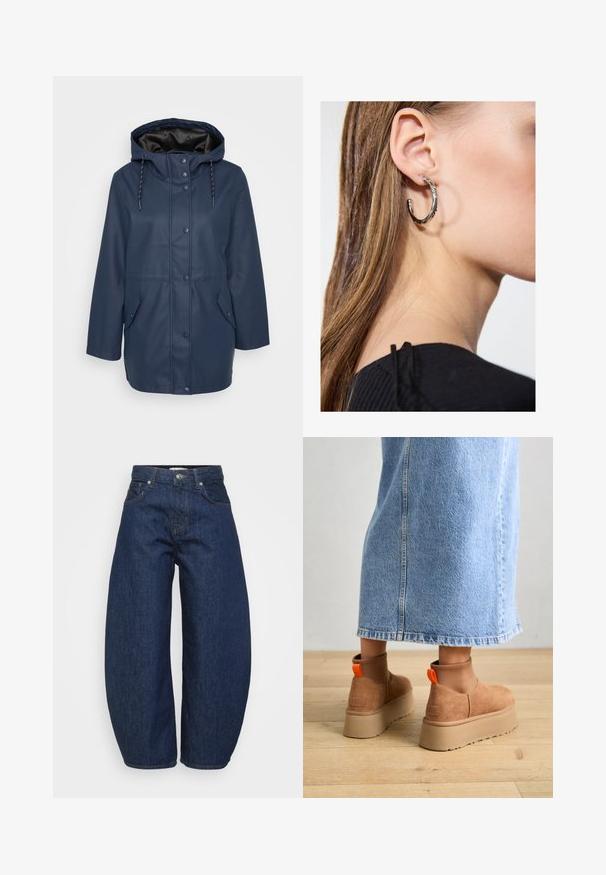 Jachetă de ploaie cu capuz, de culoare albastru marin, cu nasturi cu pressionare, șnururi ajustabile și două buzunare frontale cu clapetă.; Even&Odd Petite 2 PACK - Top - light grey/black; Blugi din denim albastru închis, cu croială largă și lejeră. Au închidere cu fermoar, patru buzunare și cusături contrastante de-a lungul cusăturilor.; Botine maro din suede cu platformă, cu panouri elastice pe laterale și mânere portocalii, asortate cu o fustă din denim deschis până la genunchi, pe un podea din lemn.; Cercel din argint cu un finisaj polișat, având detalii mici din aur și o formă rotundă, purtat pe lobul urechii.