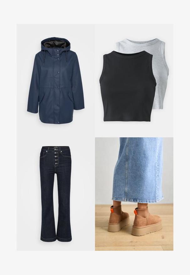 Tengerészkék kapucnis esőkabát szemöldök gombokkal, állítható húzózsinórokkal és két elülső fedélzsebbel.; Even&Odd Petite 2 PACK - Felső - light grey/black; Sötétkék, magas derekú, harangszárú farmernadrág, melynek elején öt ezüstgomb található, és kontrasztos varrás díszíti a zsebeket és az varrásokat.; Barna velúr platform csizmák elasztikus oldalsó panelekkel és narancssárga húzófülekkel, amelyek egy térdközépig érő világoskék farmer szoknyával vannak párosítva egy fás padlón.