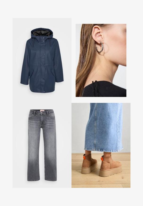 Mørkeblå hettegenser med regnjakke, snap-knapper, justerbare snorer og to frontlommer med klaff.; Even&Odd Petite 2 PACK - Topper - light grey/black; Grå denimjeans med rett ben-design, fem-lomme stil, subtil falming, og knappelukking i midjen.; Brune semska plattformstøvler med elastiske sidepaneler og orange rekkehalser, parret med en knelange lys denimskjørt på et tregulv.; Sølv ringøredob med en polert finish, med små gull detaljer og en rund form, båret på øreflippen.