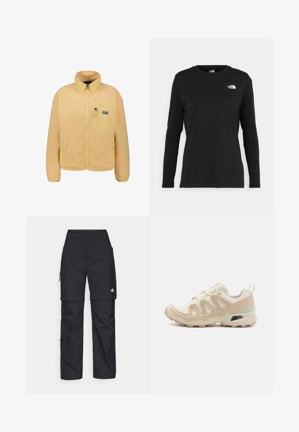 Patagonia Fleecetakki - honig; Musta pitkähihaisen t-paita, joka on valmistettu puuvillasta ja jossa on pyöreä kaula-aukko. Vasemmassa rinnassa on pieni valkoinen logo. Yksinkertainen muotoilu ja istuvuus.; Mustat nailonista valmistetut irrotettavat cargo-housut säädettävillä lahkeilla, useilla taskuilla ja logolla oikeassa jalassa. Liukas, kevyt rakenne.; Beige ja kreemi värvi sportlikud jalanõud, millel on tekstiilne mesh ülemine osa, toetavad ülekatted ja kummist tald, millel on mustripattern haardeks.