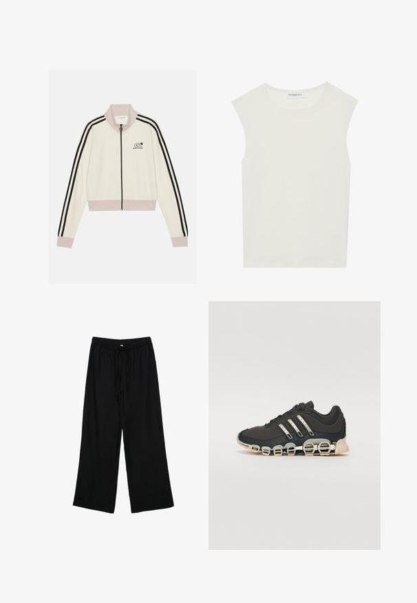 Giacca crema tagliata con strisce nere, chiusura con zip frontale e colletto rosa. Presenta un piccolo logo nero sul lato sinistro del petto. Tessuto morbido.; Top bianco senza maniche con scollatura rotonda. Realizzato in tessuto liscio, presenta una vestibilità rilassata e un design minimalista. Nessun motivo o accentuazione.; Pantaloni neri leggeri a gamba larga con vita elastica e cordino. Texture liscia, senza motivi o componenti visibili.; Scarpa da ginnastica nera con tomaia testurizzata, tre strisce argentate e una suola ammortizzata distintiva con più sezioni integrate.