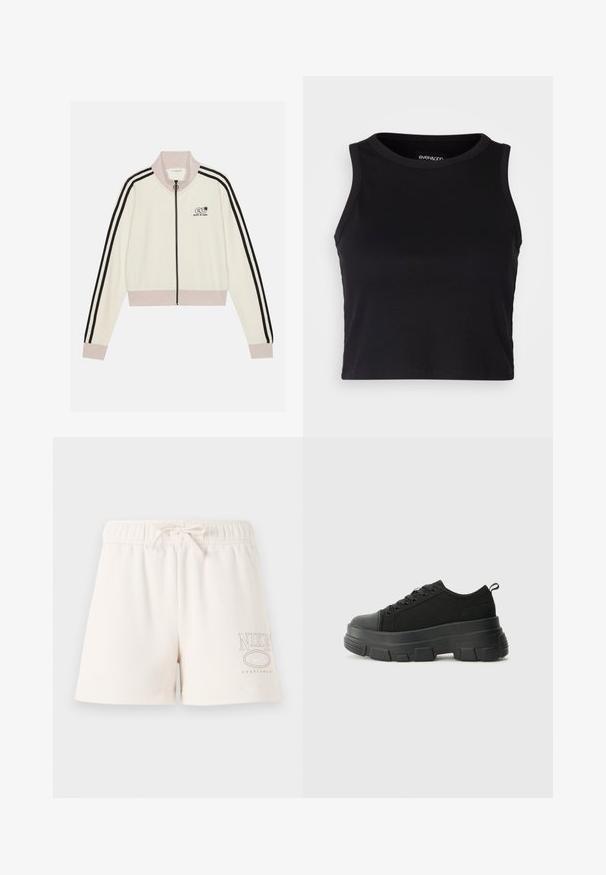 Skraćeni krem sako s crnim prugama, zatvaranje na dugme sprijeda i ružičasti ovratnik. Ima mali crni logotip na lijevoj strani prsnog dijela. Mekana tekstura tkanine.; Crna rebrasta kratka majica bez rukava s okruglim izrezom. Izrađena od mekog, rastezljivog materijala, s urednim rubovima.; Svijetlosmeđi pamučni šorts sa elastičnim pojasom, podesivim vezicom i tiskanim "NIKE SPORTSWEAR" logotipom u svijetlosmeđoj boji sa strane.; Crne tenisice s debelim gumenenim potplatom, teksturiranim gornjim dijelom od tkanine, okruglim vrhom i dizajnom s vezicama. Imaju pojačane rupice za vezice i dodatak za povlačenje straga.