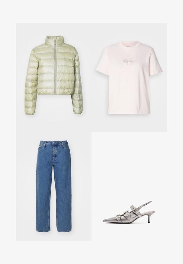 Cropped, light green puffer jacket made of shiny material. Features a high collar, zip front, and horizontal quilted pattern.; Light pink cotton t-shirt with a crew neck, featuring a silver embroidered "Calvin Klein" logo and subtle "CK" design on the chest.; Light blue denim jeans with a high waist, straight leg design, five-pocket styling, and slightly faded texture. Rivet and button closure.; Metallic silver slingback heel with pointed toe, featuring three wide straps and square metallic buckles. Glossy texture and slim heel.