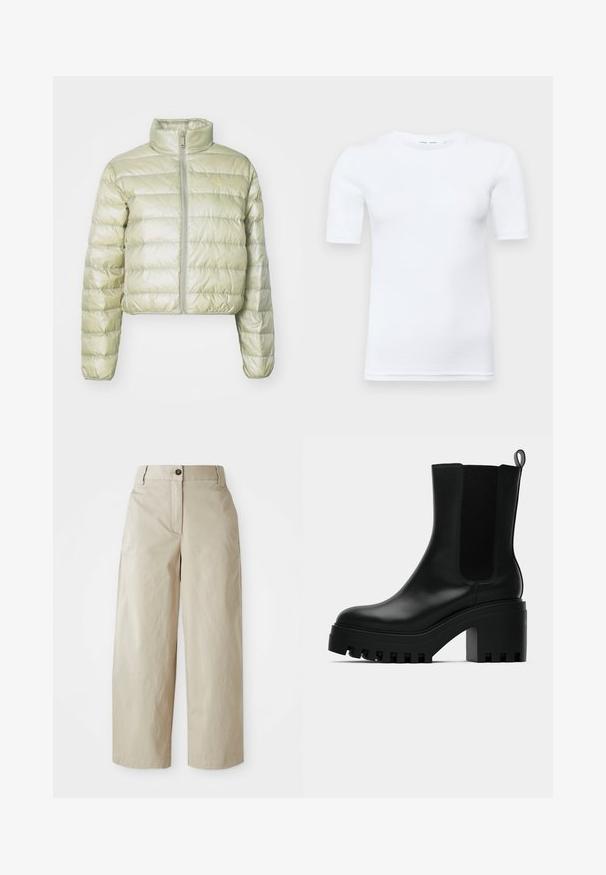 Jachetă scurtă, de un verde deschis, dintr-un material lucios. Are un guler înalt, închidere cu fermoar pe față și un model matlasat orizontal.; Tricou alb cu mânecă scurtă, fabricat din bumbac. Are un decolteu rotund și o textură fină, cu cusături minime vizibile la tiv.; Pantaloni bej cu talie înaltă, cu picioare largi, cu închidere prinbuton și fermoar, curea și buzunare laterale, expuși pe un fundal alb.; Cizmă neagră din piele, cu vârful rotund, talpă platformă robustă și accente laterale din plasă. Dispune de o bandă de tragere pentru a fi ușor de încălțat.