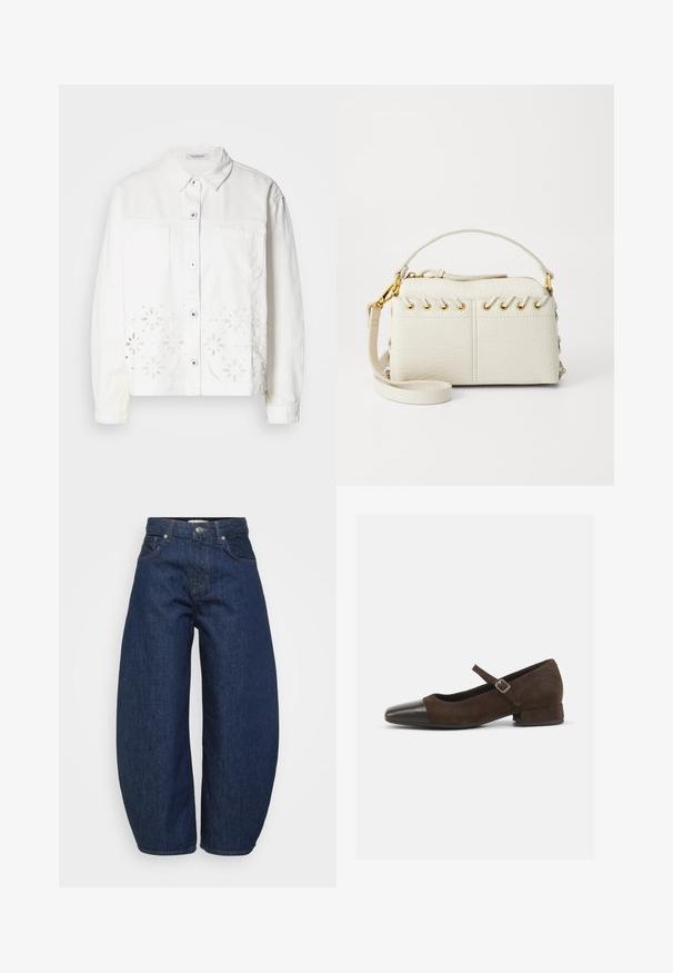 White denim jacket featuring a button-up front, two chest pockets, and floral cut-out embroidery along the bottom hem.; Navy blue cropped sweater made of soft knit material. Features a round neckline and long sleeves with ribbed cuffs. Simple, sleek design.; Dark blue denim jeans with a wide, relaxed fit. Features a zip fly, four pockets, and contrasting stitching along seams.; Brown suede Mary Jane shoe with a black patent leather toe cap, adjustable strap, and a low block heel. Smooth texture with minimal accents.; White faux leather handbag featuring a top zipper, a short handle, and a removable crossbody strap with gold-tone hardware. Side lacing detail.; Silver hoop earring with a polished finish, featuring small gold accent details and a round shape, worn on the lobe.