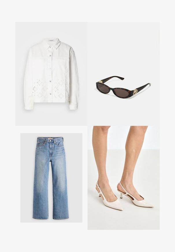 Fehér farmerdzseki gombos elülső résszel, két mellzsebbel és virágmintás kivágott hímzéssel az alján.; Kék csíkozott, galléros gombos ing hosszú ujjakkal és ívelt aljjal. Az anyag simának és könnyűnek tűnik. Gombos záródás elöl.; Világoskék farmer, széles szárú nadrág magas derékkal, kopott területekkel, öt zsebbel és kontrasztos varrással. Klasszikus gombos és cipzáras záródás.; Beige patent bőr slingback magassarkúk hegyes orral és 5 cm-es sarokkal, kivágott oldalakkal és vékony bokapánttal.; Tortából készült napszemüveg, hosszúkás ovális lencsékkel, barna színű árnyalattal, arany logóval a fülkagylón, és karcsú fekete szárakkal.