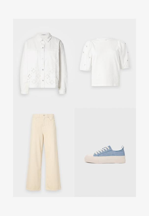 White denim jacket featuring a button-up front, two chest pockets, and floral cut-out embroidery along the bottom hem.; White cotton t-shirt with short puff sleeves, featuring small silver embellishments along the sleeves. Classic round neckline, relaxed fit.; Beige wide-leg jeans made of cotton. Features a button closure, belt loops, and front pockets with a smooth, soft texture.; Light blue canvas sneakers with a cream rubber toe cap and outsole, featuring white laces and a pull tab on the heel.
