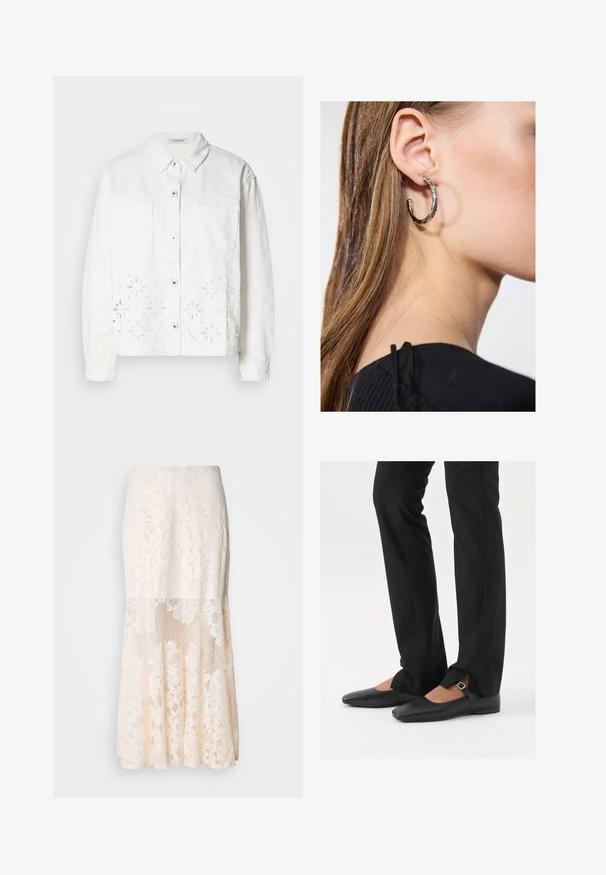 Balta džinsinė striukė su mygtukų užsegimu priekyje, dviem krūtinės kišenėmis ir gėlių siuvinėjimu su iškirpimu palei apatinį kraštą.; Juodas tanktopas, pagamintas iš minkštos, elastingos medžiagos. Jame yra apykaklės forma ir plačios petnešos, su prigludusia siluetu ir lygiu paviršiumi.; Gėlėta nėriniuota midi sijonas kreminės spalvos; turi sluoksniuotą dizainą su permatomomis dalimis, tekstūruotais nėriniais ir išplatėjusia apatine dalimi.; Juodų odinių balerinų batų su smailiu priekiu, juostele su sidabro sagtimi, derinami su juodomis pritaikytomis kelnėmis, turinčiomis plyšinį hemą.; Sidabrinė lankinė auskarai su poliruotu paviršiumi, turintys mažus auksinius akcentus ir apvalią formą, dėvimi ant ausies kaušelio.