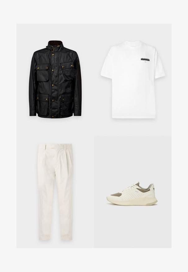 Musta vahattu puuvillatakki, jossa on korkea kaulus, neljä etutaskua ja kullansävytteinen varustus. Ominaisuuksiin kuuluu teksturoitu pinta ja napitus.; Valkoinen puuvillapaita, jossa on pyöreä kaula-aukko, lyhyet hihat ja minimaalinen musta graafinen printti rintamalla. Pehmeä rakenne ja normaali istuvuus.; Valkoiset, laskostetut housut, joissa on räätälöity istuvuus. Housut ovat sileäpintaiset, niissä on vyölenkit ja kapenevat lahkeet. Ei näkyviä taskuja tai kuvioita.; Valkoinen ja vaaleanbeige urheilukengät, joissa on verkkomateriaali yläosa, rei'itettyjä yksityiskohtia ja teksturoitu välipohja, jossa on brändäys kantapäässä.