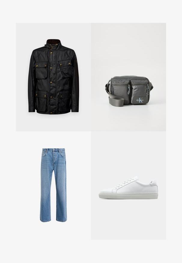 Czarna woskowana bawełniana kurtka z wysokim kołnierzem, czterema przednimi kieszeniami i złotymi akcentami. Posiada teksturowane wykończenie oraz zapięcie na guziki.; Koszula z długim rękawem o stójce w jasnokremowym kolorze, wykonana z bawełny. Gładka tekstura, luźny krój, minimalistyczny design, bez widocznych wzorów i akcentów.; Jasnoniebieskie dżinsy o prostym kroju, pięć kieszeni, zapięcie na guzik, minimalne blaknięcia i kontrastowe wykończenia szwów.; Białe sneakersy z gładką skórzaną cholewką i niskim profilem. Posiadają okrągły nos, sześć dziurek na sznurówki oraz teksturowaną gumową podeszwę.; Szara nylonowa torba na ramię z dwoma zapinanymi na zamek przednimi kieszeniami, regulowanym paskiem i akcentem z logo. Gładka powierzchnia o nowoczesnym wzornictwie.