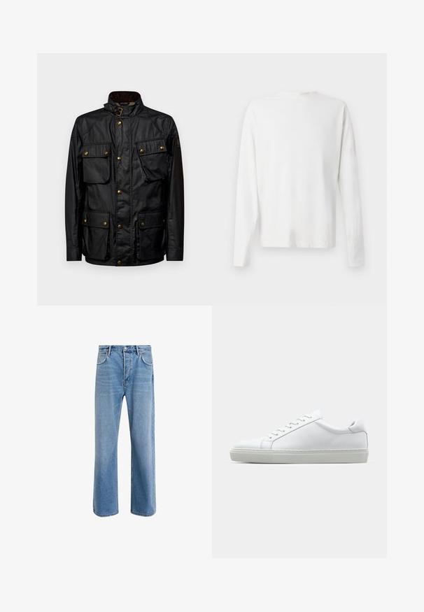 Črna voščena bombažna jakna z visokim ovratnikom, štirimi sprednjimi žepi in zlatimi dodatki. Ima teksturirano površino in gumbno zapiranje.; Bela bombažna srajca z dolgimi rokavi in okroglo ovratnikom, z bočnimi razporki na dnu in gladko teksturo, prikazana s hrbtne strani.; Svetlo modre denim kavbojke s ravno nogavico, petimi žepi, z gumbom za zapiranje, minimalnim zbledelostjo in kontrastnimi šivi.; Bela športna obutev z gladkim usnjenim zgornjim delom in nizkim profilom. Ima zaokrožen nos, šest lukenj za vezalke in teksturiran gumijast podplat.