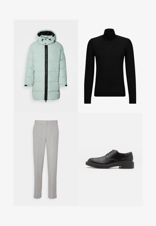 Mint zelena jakna s punjenjem, crni patentni zatvarač, teksturirani materijal, odvojiva kapuljača i elastične manžete. Ima logotip ušiven na prednjoj strani.; Crni dukserica s visokim ovratnikom, napravljena od mekanog materijala, s dugim rukavima i priljubljenim krojem. Rebrasti detalji na donjem rubu i rukavima. Jednostavan dizajn.; Svijetlosive hlače od glatkog materijala, ravnog prednjeg dijela i straight kroja. Izrađene od prozračnog materijala, s unutarnjim džepovima i petljama za remen.; Crne kožne cipele s vezanjem i zaobljenim vrhom, glatke teksture, minimalnim šavovima i niskim gumiranim potplatom. Logo se nalazi na peti.