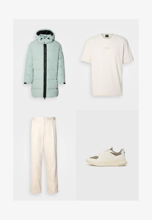 Mentazöld puffernadrág fekete cipzárral, textúrált anyagból, levehető kapucnival és rugalmas mandzsettákkal. Elülső részén logó folttal rendelkezik.; BOSS TEE - Basic póló - open white; Beige pamut nadrág egyenes szárú kivágással, gombos záródással és elülső redőkkel a részletek fokozása érdekében.; Fehér és világos bézs sportcipő, légies hálós felsőrésszel, perforált részletekkel és texturált középtalppal, amelyen a saroknál a márka logója található.