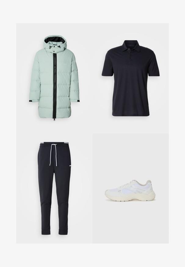 Mint green puffer coat with a black zipper, textured fabric, detachable hood, and elastic cuffs. Features a logo patch on the front.; Dark navy short-sleeve polo shirt with a collar and three-button placket, displayed on a plain light background.; Black slim-fit jogger pants with white drawstring, elastic waistband with white stripes, and small white logo on the upper thigh.; White athletic shoes made of mesh and suede, featuring a textured midsole, textured accents, and "HUGO" logo on the side.