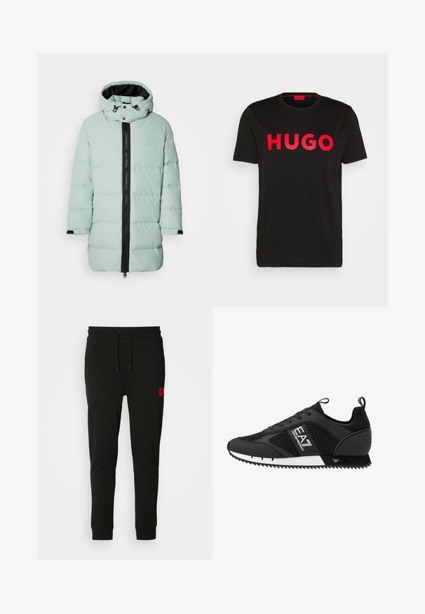 Mėtų žalios spalvos pūkinė striukė su juoda užtrauktuku, tekstūruota medžiaga, nuimama gobtuvu ir elastingais rankogaliais. Priekyje yra logotipo prekės ženklas.; Juoda medvilninė marškinėliai su ryškiu raudonu „HUGO“ užrašu priekyje, trumpomis rankovėmis, suapvalintu kaklu ir laisvu siluetu.; Juodos sportinės kelnės, pagamintos iš minkštos medžiagos, su raišteliu juosmens srityje, siaura fasonu ir raudonu logotipo ženkleliu kairėje šlaunyje.; EA7 Emporio Armani Sportbačiai - black/white