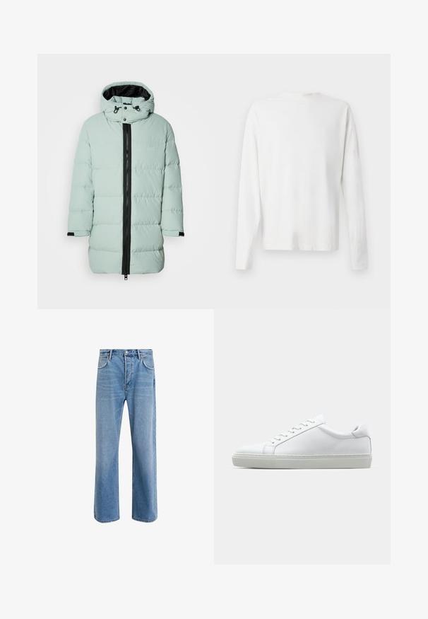 Ανοιχτό πράσινο φουσκωτό παλτό με μαύρο φερμουάρ, υφή υφάσματος, αποσπώμενη κουκούλα και ελαστικούς μανσέτες. Διαθέτει κέντημα λογότυπου μπροστά.; Λευκό βαμβακερό πουκάμισο μακρυμάνικο με στρογγυλή λαιμόκοψη, πλαϊνές σχισμές στο κάτω μέρος και λεία υφή, εμφανιζόμενο από πίσω.; Ανοιχτό μπλε τζιν παντελόνι με ευθεία γραμμή, πέντε τσέπες, κλείσιμο με κουμπί, ελάχιστη φθορά και αντίθετες ραφές.; Λευκό αθλητικό παπούτσι με άνω μέρος από λείο δέρμα και χαμηλό προφίλ. Διαθέτει στρογγυλεμένη μύτη, έξι τρυπούλες και υφασμένη καουτσούκ σόλα.