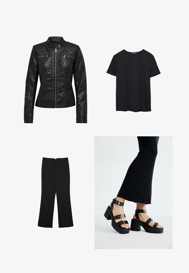 Czarna skórzana kurtka z kołnierzykiem stójkowym, z zapięciem na zamek z przodu i dwoma kieszeniami na zamek na piersi. Oferuje wyprofilowane szwy i dopasowaną sylwetkę.; Prosta, krótko rękawowa czarna koszulka bawełniana z okrągłym dekoltem, prezentowana na białym tle.; Czarne spodnie o prostym kroju, z przednimi kieszeniami i bocznymi rozcięciami na dole. Wykonane z miękkiego, gładkiego materiału. Odpowiednie na różne okazje.; Czarne platformy na sandały z grubymi, żłobionymi podeszwami i wieloma paskami, z metalowymi klamrami i gładką, skórzano-podobną fakturą.
