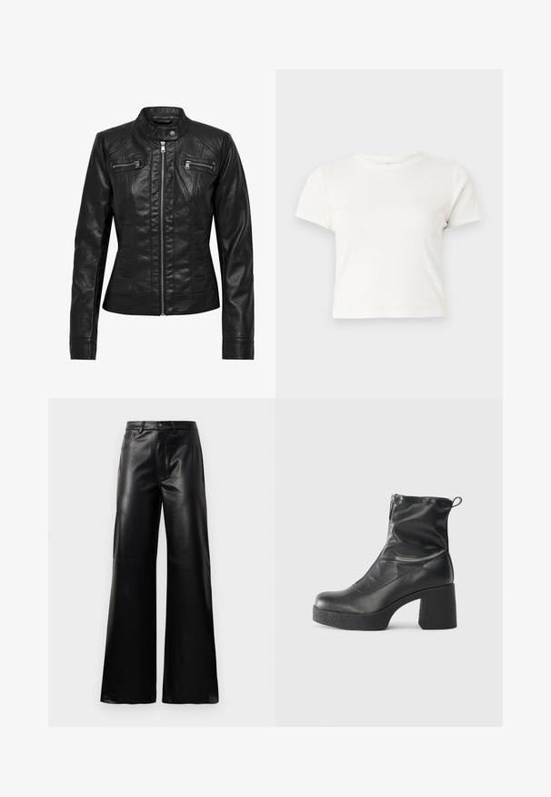 Černá kožená bunda s límečkem, zapínáním na zip vpředu a dvěma kapsami na zip na hrudi. Obsahuje strukturované švy a slim fit siluetu.; Krátká bílá tričko vyrobené z bavlny s krátkými rukávy, kulatým výstřihem a rovým lemem, s hladkou texturou a minimalistickým designem.; Černé kalhoty s vysokým pasem a širokými nohavicemi z umělé kůže, s předním knoflíkem, zipovým zapínáním, poutky na pás a bočními kapsami na bílém pozadí.; Černé kotníkové boty vyrobené z hladké kůže, s bočním zipem, robustním strukturovaným podpatkem a kulatou špičkou.
