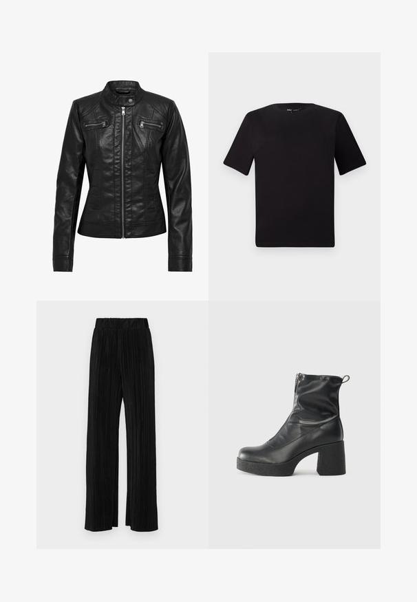 Svart lærjakke med ståkrage, glidelås foran og to glidelåslommer på brystet. Har strukturerte sømmer og en figursydde silhuett.; Svart t-skjorte med korte ermer og rund hals, laget av mykt bomullsstoff. Enkelt design, ingen synlige logoer eller mønstre.; Sorte plisserte bukser med elastisk midje. Har vide ben og et glatt, strukturert stoff med vertikale striper.; Svarte ankelstøvler laget av glatt lær, med glidelås på siden, chunky strukturert hæl, og rund tå-design.