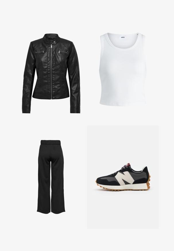 Schwarze Lederjacke mit Stehkragen, Reißverschluss vorne und zwei Brusttaschen mit Reißverschluss. Verfügt über strukturierte Nähte und eine taillierte Silhouette.; Weißes, geripptes Tanktop mit rundem Halsausschnitt, ärmellosem Design und kurzer Länge. Das Etikett trägt die Aufschrift "JJXX". Glatte Stoffstruktur.; Schwarze, weit geschnittene Hose mit elastischem Bund, aus glattem Stoff gefertigt. Hat ein cleanes Design ohne Taschen oder sichtbare Nähte.; Schwarze und graue Wildledersneaker mit einem großen cremefarbenen "N"-Logo, lila Schnürsenkeln und einer strukturierten Gummisohle.