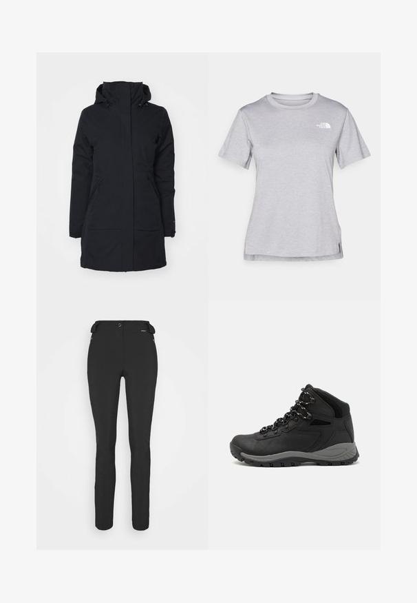 Juodas vandeniui atsparus švarkas su aukštu apykakle ir gobtuvu. Turi dvi šonines kišenes ir tiesų kirpimą, pagamintas iš tekstūruotos medžiagos.; Pilkas trumpomis rankovėmis marškinėliai, pagaminti iš minkštos, drėgmę sugeriančios medžiagos. Turi apvalią iškirptę ir mažą baltą logotipą viršutiniame kairiajame kampe.; Juodos, prigludusios kelnės, pagamintos iš lankstaus medžiagos. Ypatybės: šoninis kišenės užtrauktuku, suformuotos kelių sritys ir lygi tekstūra.; Juodas žygio botas su vidutinio aukščio dizainu, pasižymintis tekstūruota viršutine dalimi, pilkų akcentų ir patvaria guma padanga su sukibimo gumbais.