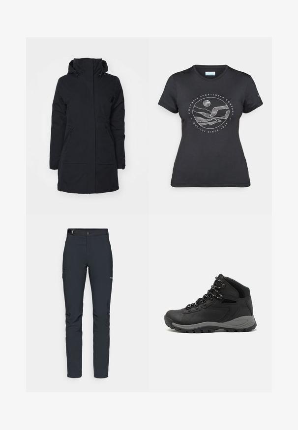 Zwarte waterdichte jas met een hoge kraag en een capuchon. Voorzien van twee zijzakken en een rechte snit, vervaardigd uit een gemêleerde stof.; Zwarte Columbia t-shirt met witte cirkelvormige lijntekening van bergen en een rivier en de tekst "Columbia Sportswear Company Outside Since 1938."; Heren buitenbroeken, donkergrijs, gemaakt van flexibel materiaal, met een riem, ritszakken en verstevigde stiksels.; Zwarte wandelschoen met een mid-top ontwerp, voorzien van een gestructureerde bovenkant, grijze accenten en een duurzame rubberen zool met gripnoppen.