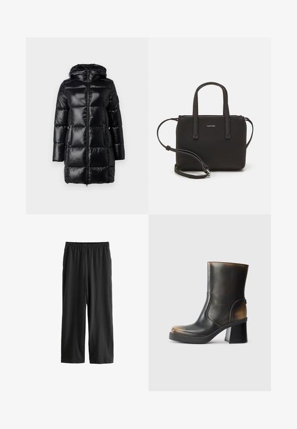 Podložena črna zimska jakna s kapuco, sijoča površina, sprednji zadrga in stranske žepe. Vsebuje pravokotne kviltane sekcije za izolacijo.; Bežna kratka majica s kratkimi rokavi iz mehke in puhaste tkanine. Ima okroglo izrezovanje in sproščen kroj z rebrastimi robovi.; Črne hlače do kolen, izdelane iz lahkega materiala. Elastičen pas in gladka tekstura s straight-leg obliko. Brez vidnih podrobnosti ali vzorcev.; Črne usnjene gležnjarje s sijočo obdelavo, okroglo toe, kontrastnimi svetlo rjavimi detajli, blokastim peto in stranskim zadrgo.; Črna torbica z dvema kratkima ročajema in odstranljivim naramnim trakom. Gladek usnju podoben material z zadrgo in podrobnostmi z logotipom.