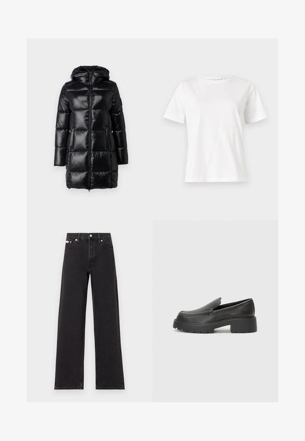 Padded black winter coat with hood, shiny finish, front zipper, and side pockets. Features rectangular quilted sections for insulation.; White cotton t-shirt with short sleeves, round neckline, and a relaxed fit. Smooth texture, no patterns or accents, minimalistic design.; Black wide-leg jeans made of denim, featuring a high-rise waist, five-pocket styling, and a metal button closure with contrasting stitching.; Black leather loafers with a rounded toe, thick textured sole, and minimal stitching details. Sleek design with no visible laces or hardware.