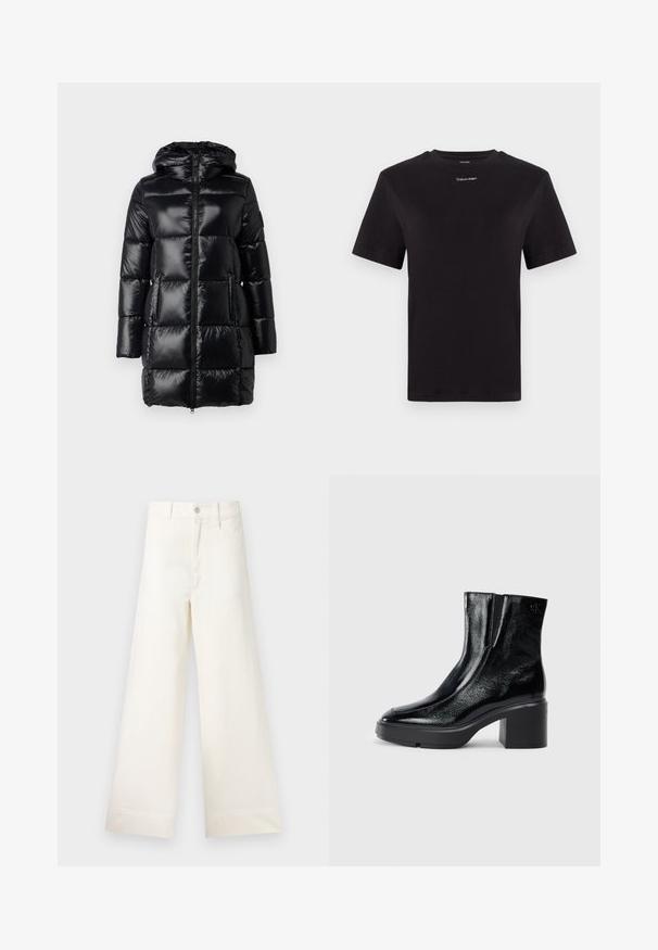 Polstret sort vinterjakke med hætte, blank finish, frontlynlås og sidelommer. Har rektangulære kviltede sektioner til isolering.; Sort bomulds t-shirt med korte ærmer, rund halsudskæring og lille hvid "Calvin Klein" logo på brystet. Glat tekstur, klassisk pasform.; Bredde benbukser i lys beige bomuld. Har høj talje, for- og baglommer samt lige pasform. Renset kantafslutning uden mønstre.; Sorte patenterede læderankelstøvler med en buet tå, elastiske sidepaneler og en kraftig blokhæl. Har et præget logo på bagsiden.