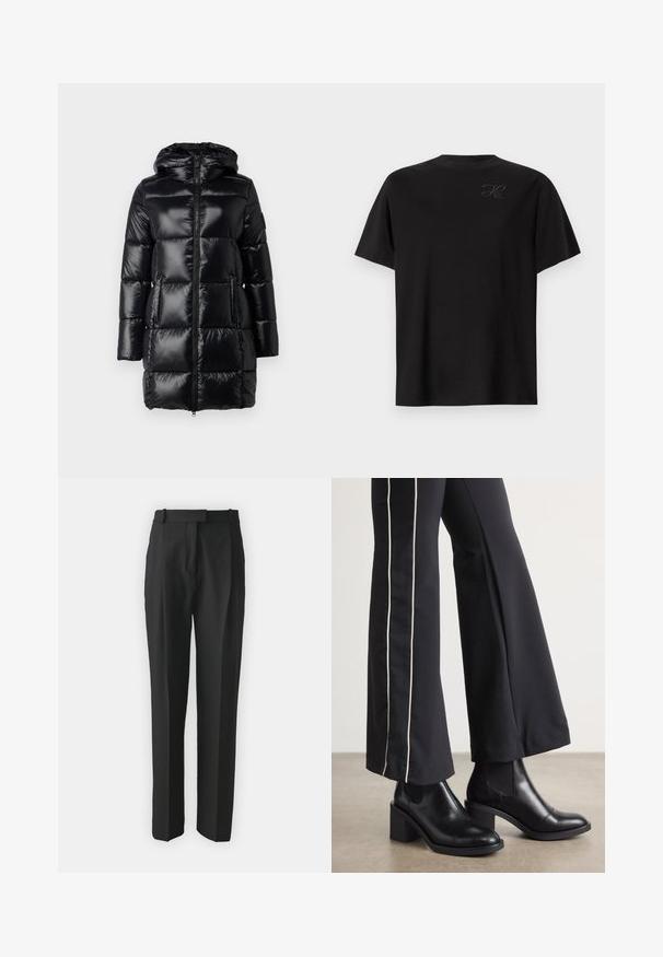 Padded black winter coat with hood, shiny finish, front zipper, and side pockets. Features rectangular quilted sections for insulation.; Black cotton t-shirt, crew neck design, short sleeves, featuring a small, tonal logo on the upper left side. Smooth texture.; Black tailored trousers made from lightweight fabric, featuring a straight cut, flat front, and belt loops. Smooth texture with no visible patterns.; Black leather ankle boots with a block heel, featuring elastic side panels. Paired with black pants that have a white side stripe.