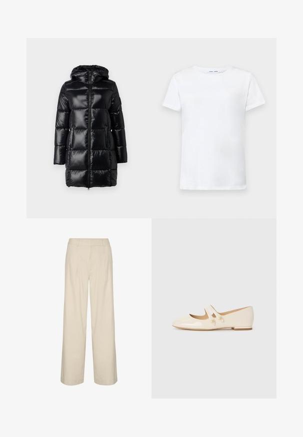 Párnázott fekete téli kabát kapucnival, fényes felületű, elől cipzárral és oldalsó zsebekkel. Téglalap alakú steppelt részekkel rendelkezik a hőszigetelés érdekében.; Fehér, rövid ujjú póló, pamutból készült, kerek nyakkivágással. Sima textúrájú, egyenes vonalú, minta vagy díszítés nélkül.; Beige, bő szárú nadrág len keverékből, magas derékkal, pliszírozással és sima textúrával. Nincs látható fémalkatrész vagy minta.; Elefántcsont színű, patent bőr balettcipők két díszítő pánttal és arany gombokkal, lekerekített orral és alacsony blokk sárral.