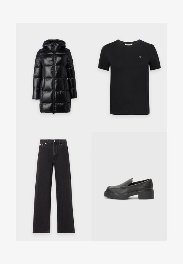 Casaco de inverno preto acolchoado com capuz, acabamento brilhante, fecho frontal e bolsos laterais. Apresenta seções retangulares acolchoadas para isolamento.; T-shirt de algodão preto com um clássico decote redondo, mangas curtas e um pequeno logótipo bordado "ck" em branco no peito.; Jeans de perna larga pretos feitos de denim, apresentando uma cintura alta, estilo de cinco bolsos e um fecho em botão de metal com costura contrastante.; Mocassins de couro preto com bico arredondado, sola espessa e texturizada, e detalhes de costura minimalistas. Design elegante sem atacadores ou ferragens visíveis.