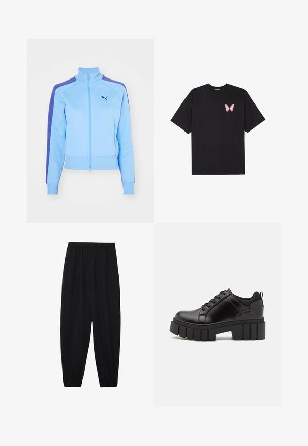 Light blue zip-up jacket with a stand collar, purple shoulder stripes, and front pockets. Features ribbed cuffs and hem, with a logo on the chest.; Black cotton t-shirt with short sleeves, featuring a small pink butterfly graphic on the left chest. Crew neck design with a relaxed fit.; Black, lightweight pants with an elastic waistband and gathered ankles. The fabric is smooth and features a relaxed, tapered design.; Black leather platform shoes with a chunky block heel, round toe, and traditional lace-up design. Features smooth texture and minimal detailing.