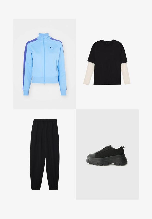 Helle blaue Zip-Jacke mit Stehkragen, lila Schulterstreifen und Fronttaschen. Sie verfügt über gerippte Bündchen und einen gerippten Saum sowie ein Logo auf der Brust.; Schwarzes T-Shirt aus Baumwolle mit kurzen Ärmeln über einer weißen Langarmschicht, die ein dezentes strukturiertes Muster aufweist. Rundhalsausschnitt.; Schwarze, leichte Hosen mit einem elastischen Bund und gerafften Knöcheln. Der Stoff ist glatt und hat ein entspanntes, schmal zulaufendes Design.; Schwarze Sneakers mit einer dicken Gummisohle, strukturiertem Obermaterial, runder Zehenpartie und Schnürdesign. Verfügt über verstärkte Ösen und eine Schlaufe an der Rückseite.