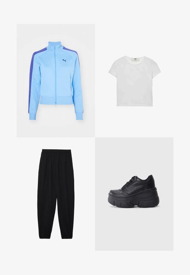Giacca zip blu chiaro con collo rialzato, strisce viola sulle spalle e tasche frontali. Presenta polsini e orlo a coste, con un logo sul petto.; T-shirt bianco a maniche corte e girocollo, realizzato in cotone morbido, con un design semplice e pulito, privo di motivi o dettagli visibili.; Pantaloni neri leggeri con vita elastica e caviglie arricciate. Il tessuto è liscio e presenta un design rilassato e affusolato.; Sneaker nere con lacci e suola spessa, caratterizzate da una tomaia in pelle liscia, punta arrotondata e un distintivo design a piattaforma stratificata.