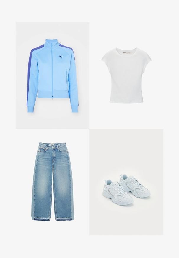 Veste zippée bleu clair avec un col montant, rayures violettes sur les épaules et poches avant. Présente des poignets et un ourlet côtelés, avec un logo sur la poitrine.; T-shirt blanc en coton avec un col rond, des manches courtes et une coupe ajustée. Texture lisse sans motifs ni embellissements.; Jeans larges bleu clair en denim, dotés d'une taille haute, d'une fermeture à bouton, de poches avant et d'un ourlet brut.; Basket de sport bleu clair avec une tige en mesh et synthétique, ornée de pois blancs et d'accents réfléchissants, au design à lacets et avec des semelles rembourrées.