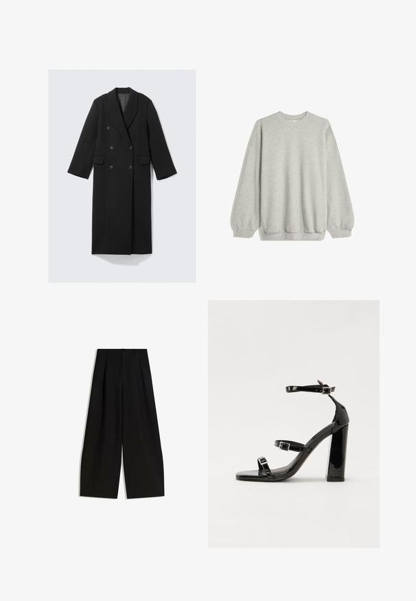 Crni dvoredni kaput od teksturiranog tkanina. Ima ovratnik s prorezima, dva prednja džepa i šest dugmadi sprijeda.; Siva dukserica izrađena od mekog materijala, s okruglim izrezom, dugim rukavima s elastičnim manžetama i opuštenim krojem. Nema uzoraka ni naglasaka.; Crne široke hlače izrađene od glatkog materijala, s visokim strukom, nabranim detaljima sprijeda i bez vidljivih ukrasa ili uzoraka.; Crne lakirane sandale na pete sa kvadratnim nosom, trakama oko gležnja i srebrnim kopčama. Imaju čvrst blok petu za stabilnost.