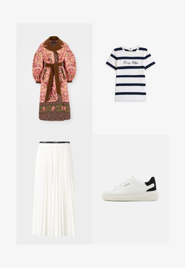 Îmbrăcăminte roz matlasată cu modele florale, guler și curea maro, mâneci umflate și margine decorativă la baza.; Tricou din bumbac cu dungi orizontale bleumarin pe un fundal alb. "Tommy Hilfiger" brodat în stil cursiv pe piept. Decolteu rotund.; Fustă plisată albă cu un brâu elastic negru, având logo-ul "LACOSTE". Design de lungime medie, cu textură moale.; Adidași din piele albă cu o talpă groasă albă, accent de călcâi din suede negru și logo embosat pe lateral. Design cu șireturi și șase orificii.