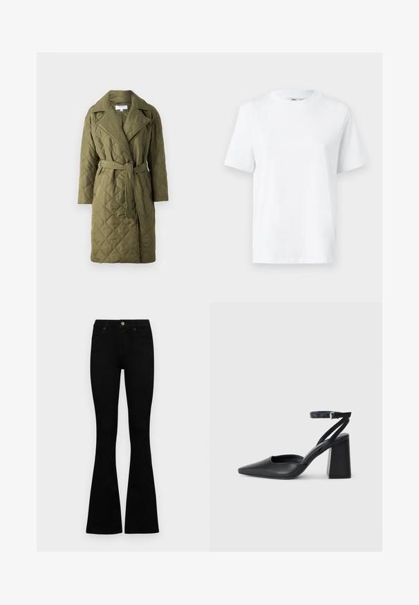 Quiltet olivengrønn trenchcoat med krage, lange ermer, belte i midjen og diagonalt diamantmønster gjennom hele.; Hvit bomulls t-skjorte med rund hals som har korte ermer og en jevn tekstur. Designet med en avslappet passform for komfort og allsidighet.; Sorte høytlivsjeans med knapp og glidelås, frontlommer og utsvingte bein liggende flatt på en hvit bakgrunn.; Svart lær pumps med spiss tå, ankelrem og kraftig hæl. Flat tekstur, strømlinjeformet design og minimalisme.
